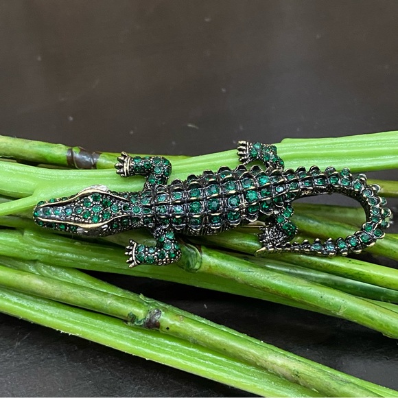 Antique Style Green Alligator Gator Crocodile Rhinestones Bling Brooch - Picture 7 of 12